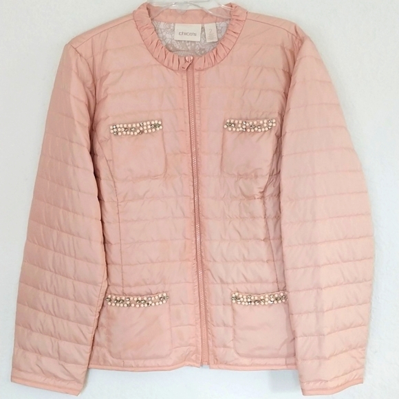 CHICO Jacket Top Quilt Light Dusty Pink Bead Rhinestone Regency Core Size Large - Picture 2 of 14